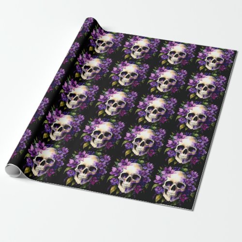 Skull With Purple Flowers Goth Watercolor Art Wrapping Paper