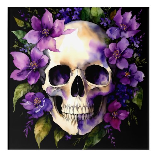 Skull With Purple Flowers Goth Watercolor Painting Acrylic Print