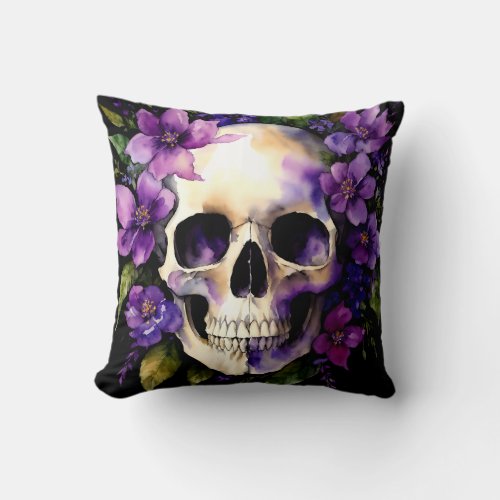 Skull With Purple Flowers Goth Watercolor Throw Pillow