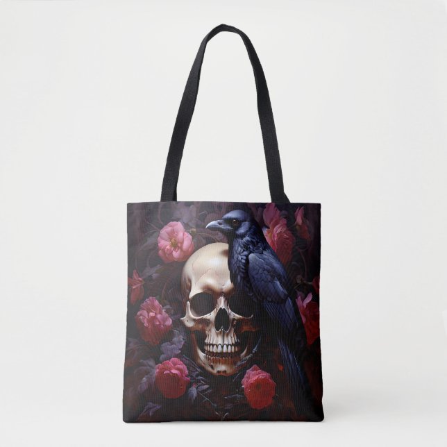 Skull with Raven and Roses Tote Bag (Front)