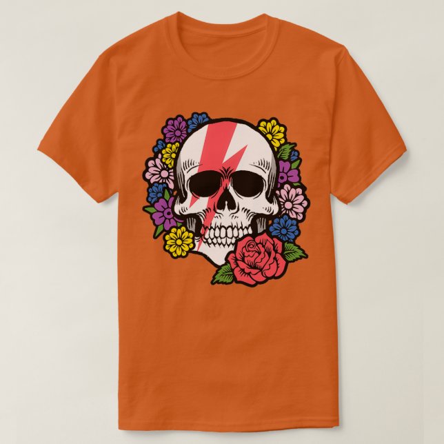 Skull with Red Bolt and Flowers T-Shirt (Design Front)