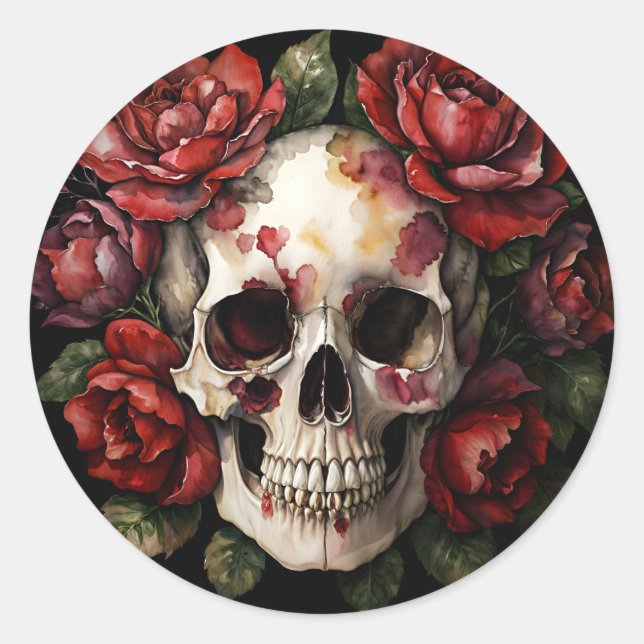 Skull With Red Roses Art Classic Round Sticker (Front)