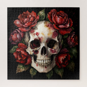 Skull With Red Roses On Black Jigsaw Puzzle