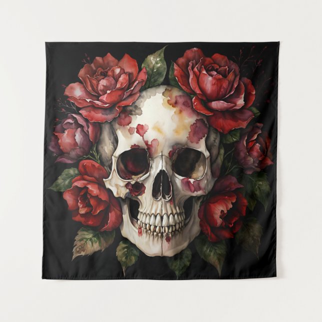 Skull With Red Roses On Black Tapestry (Front)
