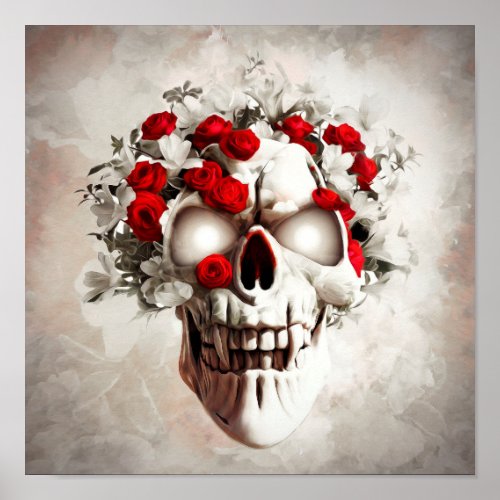 Skull with red roses poster