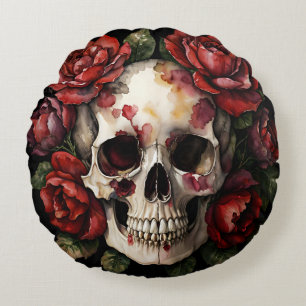 Skull With Red Roses Round Pillow