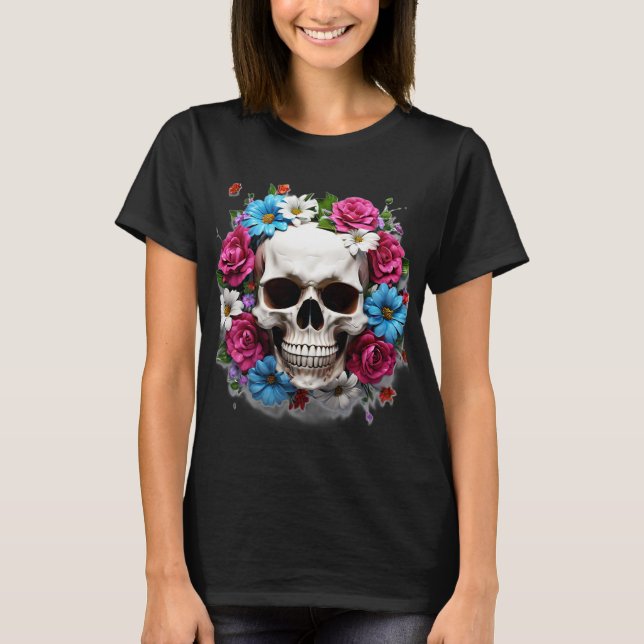 Skull with Red White and Blue Flowers T-Shirt (Front)
