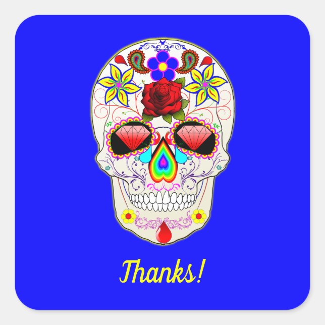 Skull with Rose and Lilies on Blue Square Sticker (Front)