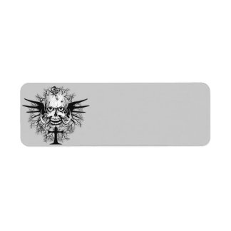 Skull With Rose, Horns, Cross, Wings Illustration Label