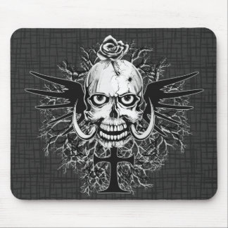 Skull With Rose, Horns, Cross, Wings Illustration Mouse Pad