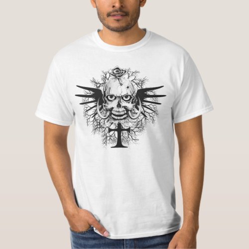 Skull With Rose Horns Cross Wings Illustration T_Shirt