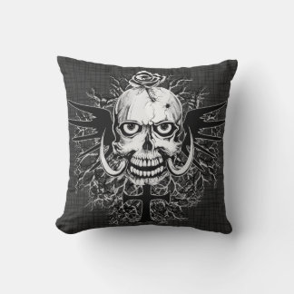 Skull With Rose, Horns, Cross, Wings Illustration Throw Pillow