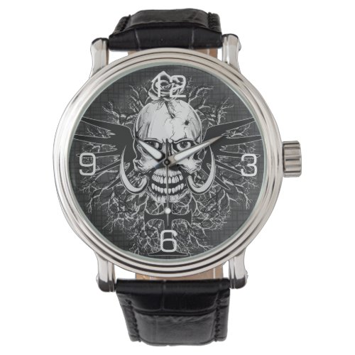 Skull With Rose Horns Cross Wings Illustration Watch