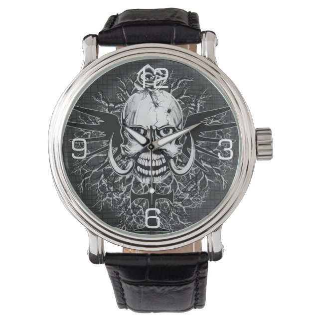 Skull With Rose, Horns, Cross, Wings Illustration Watch (Front)