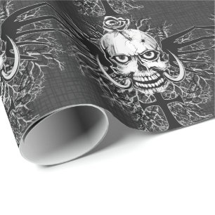 Skull With Rose, Horns, Cross, Wings Pattern Wrapping Paper
