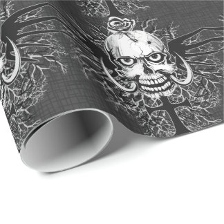 Skull With Rose, Horns, Cross, Wings Pattern Wrapping Paper