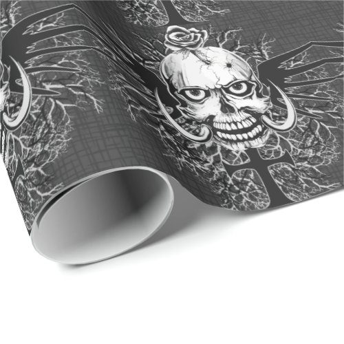 Skull With Rose Horns Cross Wings Pattern Wrapping Paper