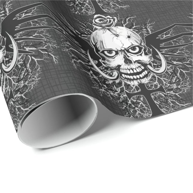 Skull With Rose, Horns, Cross, Wings Pattern Wrapping Paper (Roll Corner)