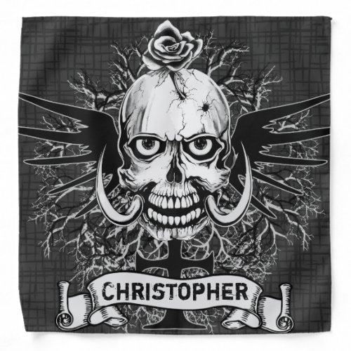 Skull With Rose Horns Cross Wings Personalize Bandana