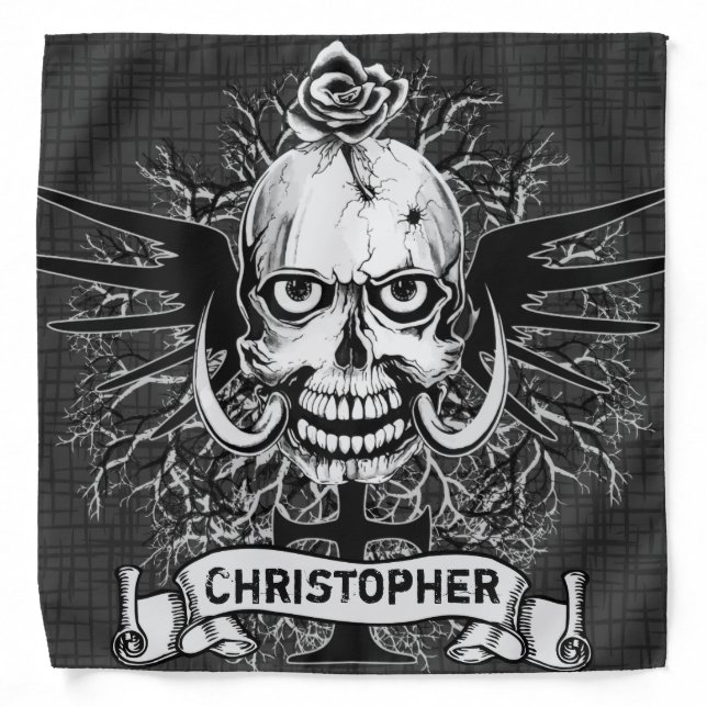 Skull With Rose, Horns, Cross, Wings Personalize Bandana (Front)