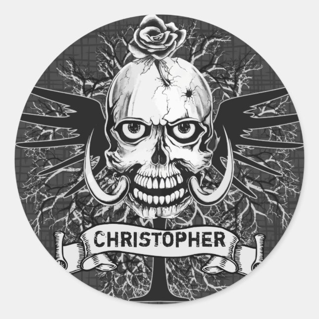 Skull With Rose, Horns, Cross, Wings Personalize Classic Round Sticker (Front)