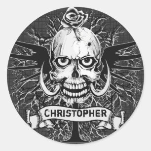 Skull With Rose, Horns, Cross, Wings Personalize Classic Round Sticker
