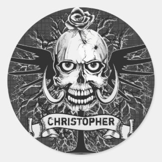 Skull With Rose, Horns, Cross, Wings Personalize Classic Round Sticker