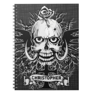 Skull With Rose, Horns, Cross, Wings Personalize Notebook