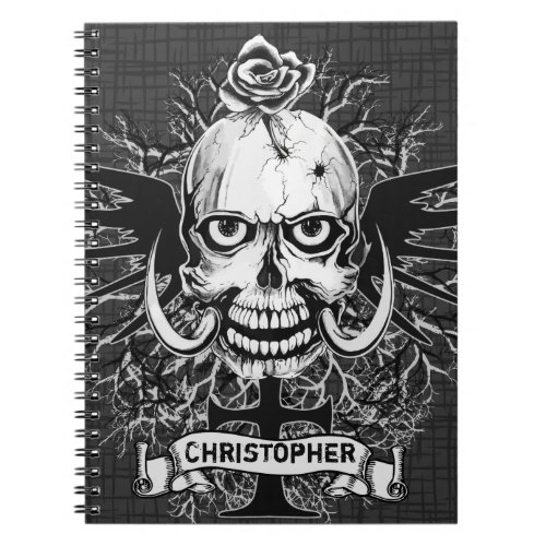 Skull With Rose Horns Cross Wings Personalize Notebook