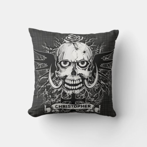 Skull With Rose Horns Cross Wings Personalize Throw Pillow