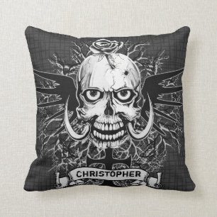 Skull With Rose, Horns, Cross, Wings Personalize Throw Pillow