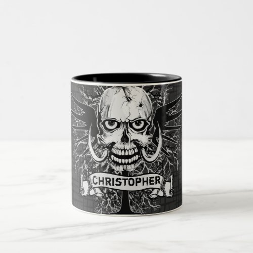 Skull With Rose Horns Cross Wings Personalize Two_Tone Coffee Mug