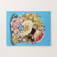 Skull with roses and blue floral spider jigsaw puzzle