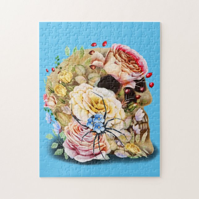 Skull with roses and blue floral spider jigsaw puzzle (Vertical)
