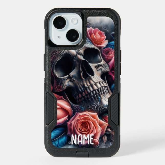 Skull with Roses and Bluebird iPhone 15 Case (Back)