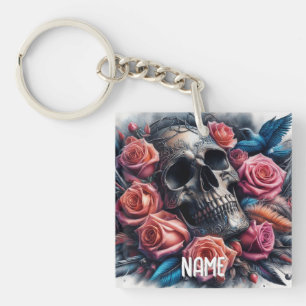 Skull with Roses and Bluebird Keychain