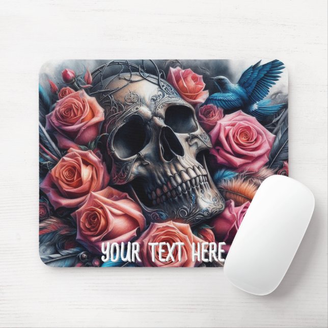 Skull with Roses and Bluebird Mouse Pad (With Mouse)