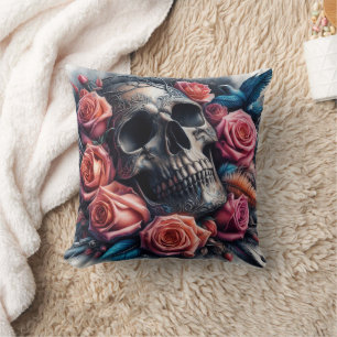 Skull with Roses and Bluebird Throw Pillow