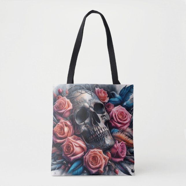 Skull with Roses and Bluebird Tote Bag (Front)