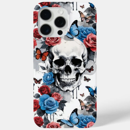 Skull with Roses and Butterflies Drippy Paint iPhone 15 Pro Max Case