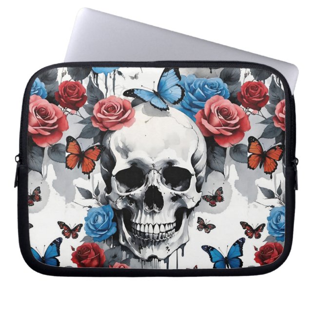 Skull with Roses and Butterflies in Red and Blue Laptop Sleeve (Front)