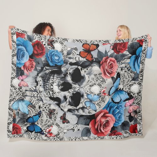 Skull with Roses and Butterflies Lace Background  Fleece Blanket
