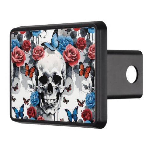 Skull with Roses and Butterflies Red and Blue Hitch Cover