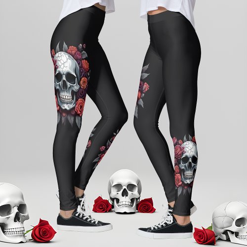 Skull with Roses Gothic Halloween Leggings