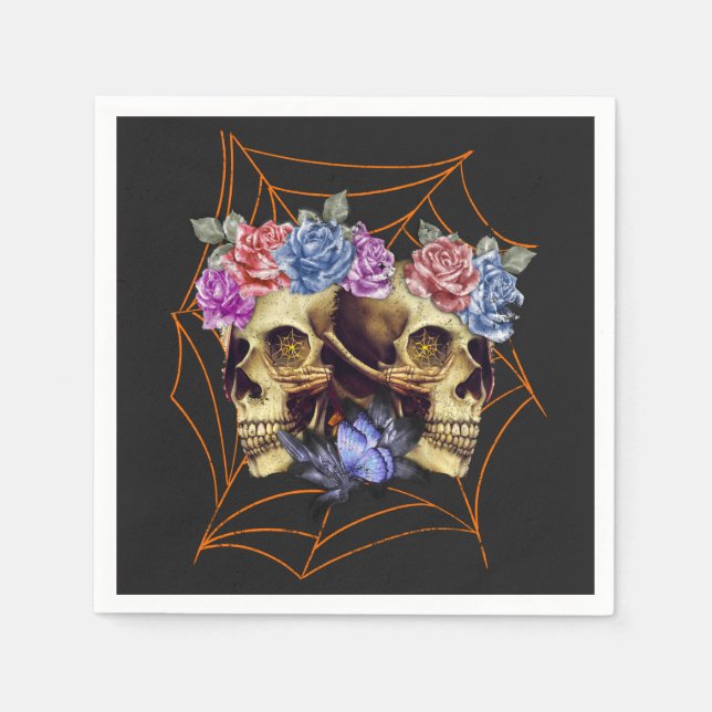 Skull with Roses, Gothic Spooky Halloween Napkins (Front)