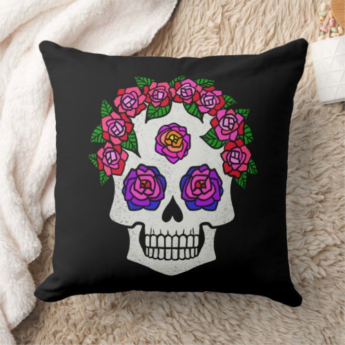 Skull with Roses Halloween Throw Pillow