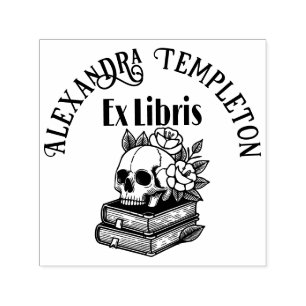Skull with Roses on Books #4PS with Ex Libris Name Self-inking Stamp
