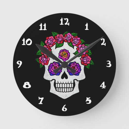 Skull with Roses Round Clock