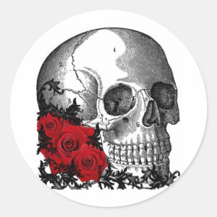 SKULL WITH ROSES VINTAGE PRINT CLASSIC ROUND STICKER
