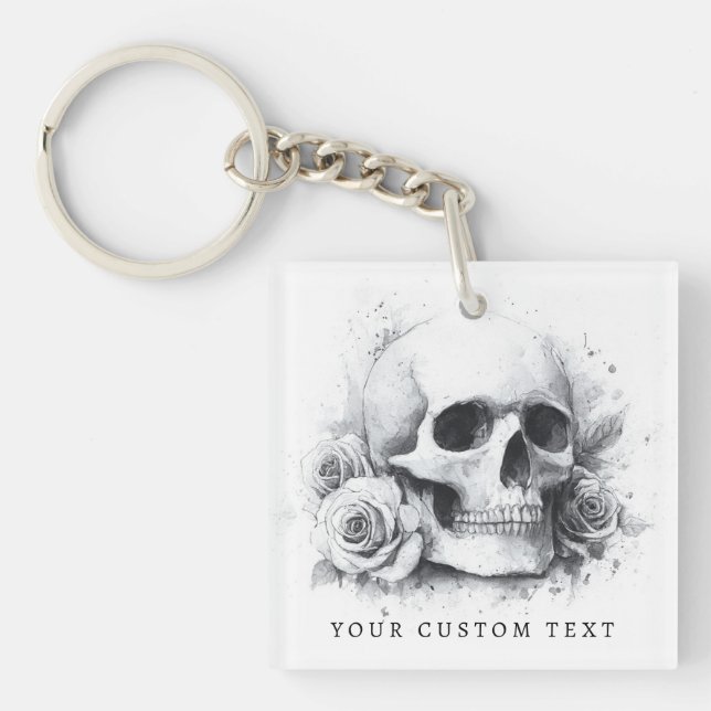 Skull with roses watercolor painting keychain (Front)